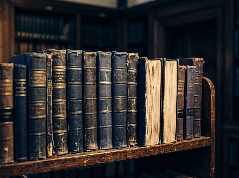 Rows of aged cloth-bound books on a wooden library shelf, warm side light, editorial fine-art photograph.